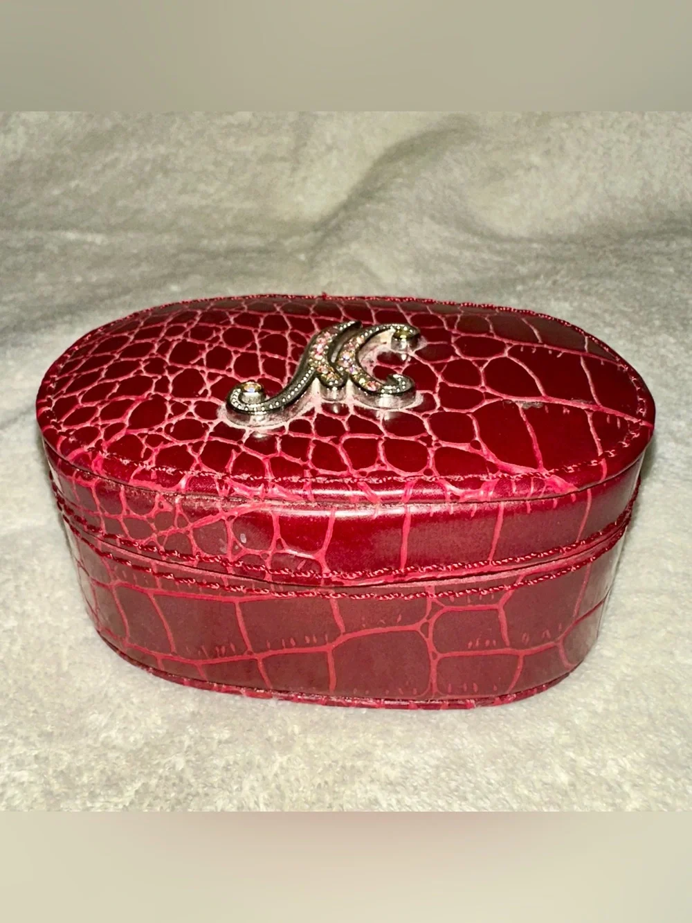 Vintage Y2K Red Croc Travel Jewelry Box Rhinestone Initial K Oval Mini Case